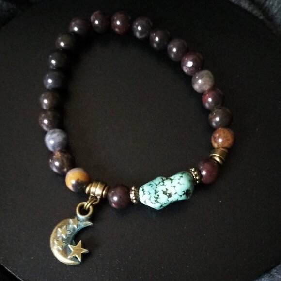 A Bit Hippie & A Bit Boho! Semi-Precious Stones Bracelet w. Moon Charm! 8" Wrist - Picture 5 of 13